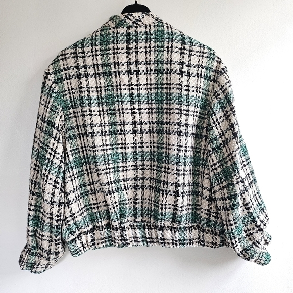 New Zara Plaid Textured Tweed Oversized Bomber Green Chanel Style Jacket NWT XS - Picture 15 of 17